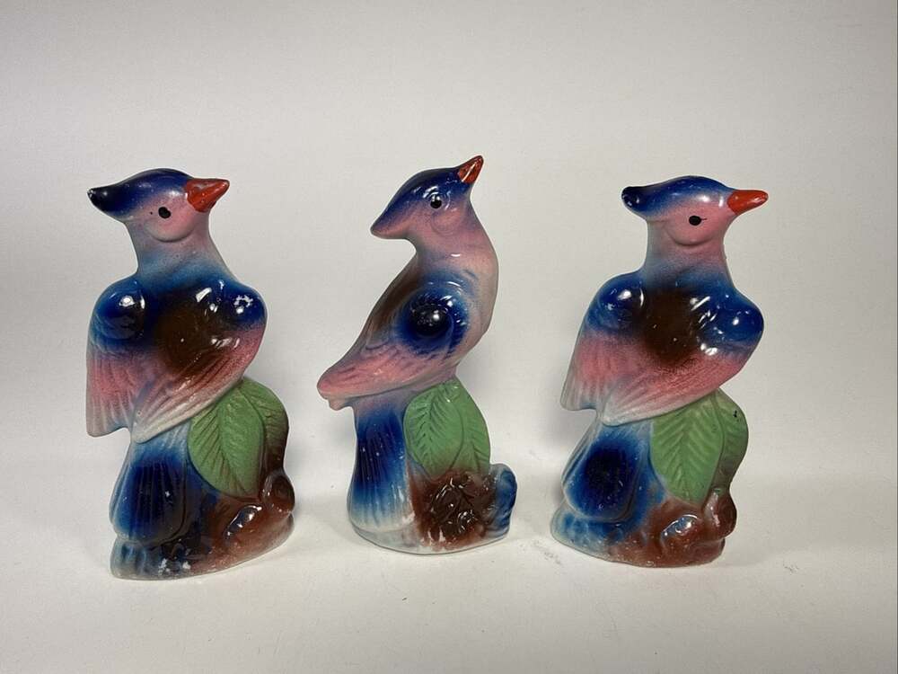 Vtg Lot Of 3 Porcelain Blue Bird Of Happiness Figure Japan Blue Jays. 4”